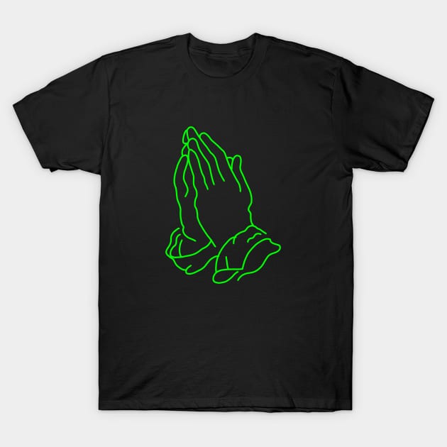 minimalistic line art praying hands in neon green (tattoo) T-Shirt by acatalepsys 